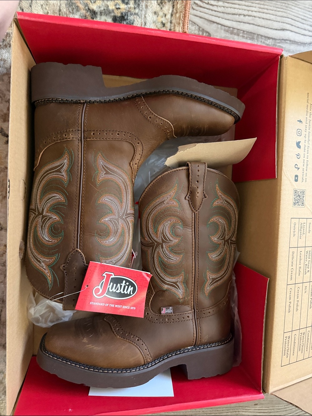 Justin Boots Brown Leather Western Work Boots with Embroidered Shaft